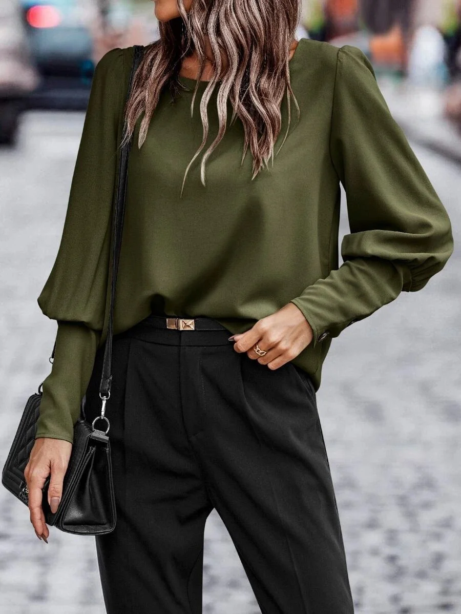 Crew Neck Long Sleeve Plain Buttoned Regular Loose Blouse For Women