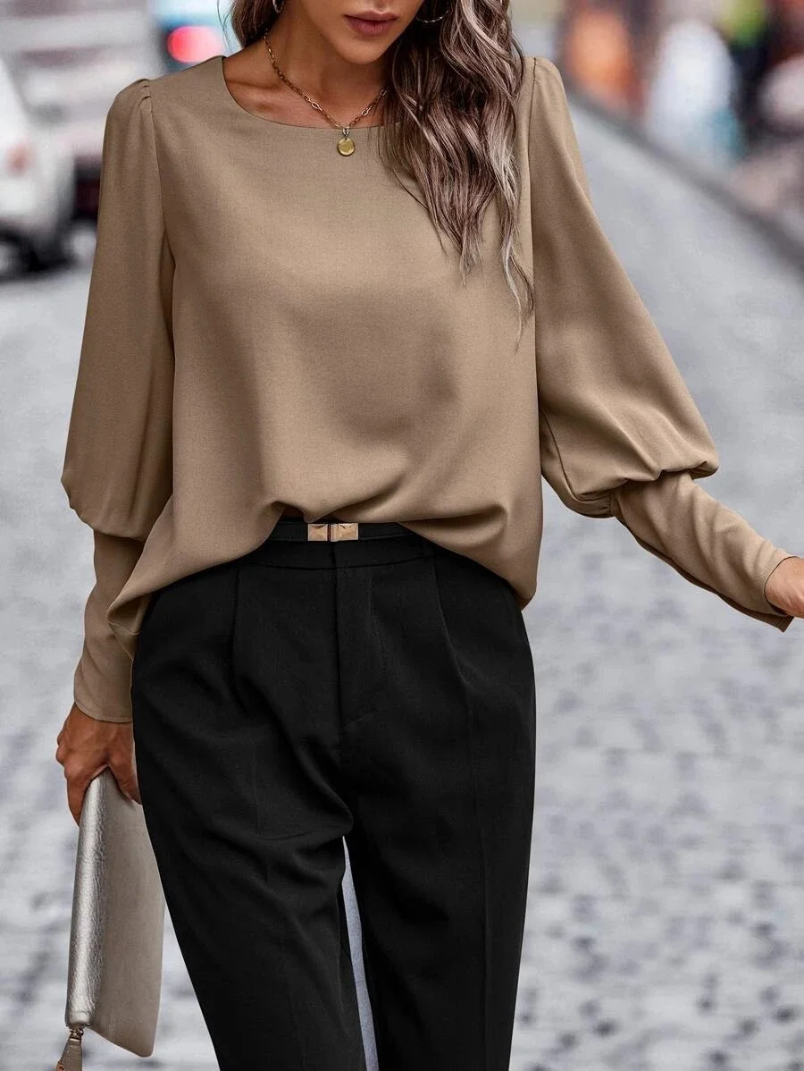 Crew Neck Long Sleeve Plain Buttoned Regular Loose Blouse For Women