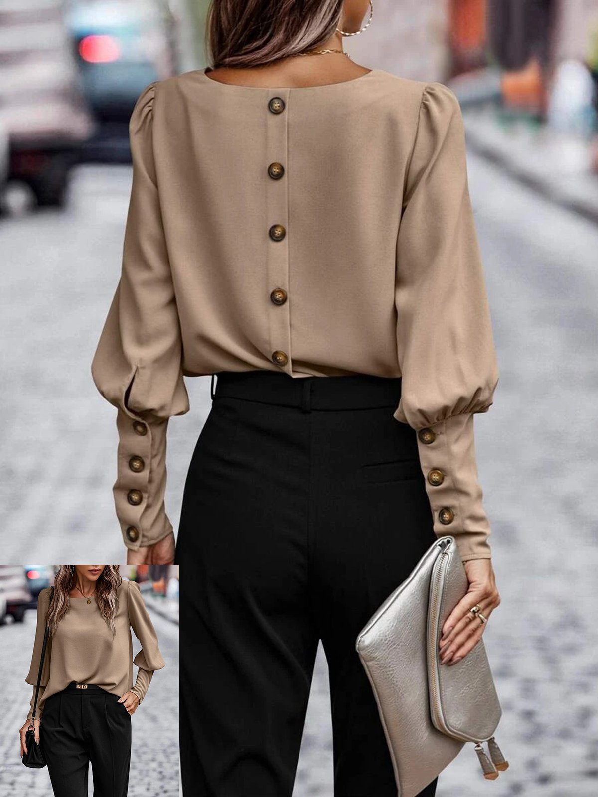 Crew Neck Long Sleeve Plain Buttoned Regular Loose Blouse For Women