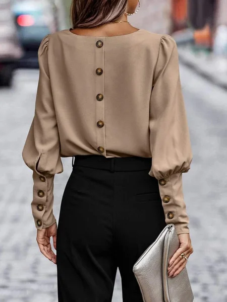 Crew Neck Long Sleeve Plain Buttoned Regular Loose Blouse For Women