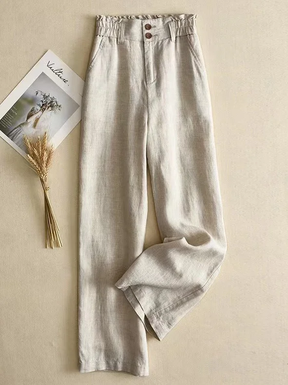 Casual Plain Long Elastic Waist Buckle Pants