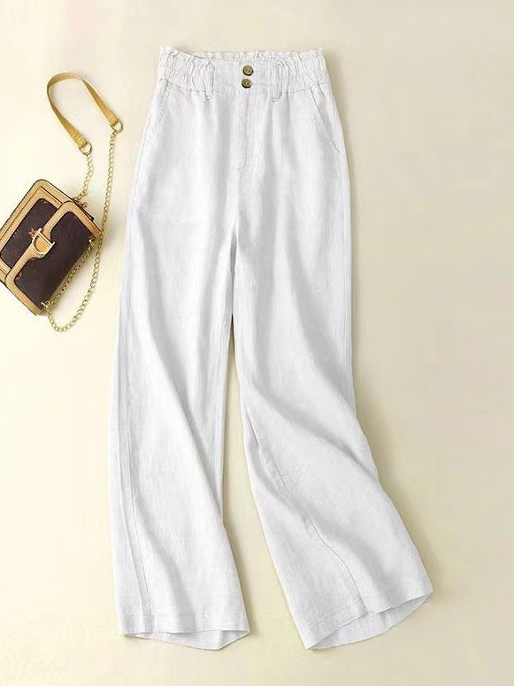 Casual Plain Long Elastic Waist Buckle Pants