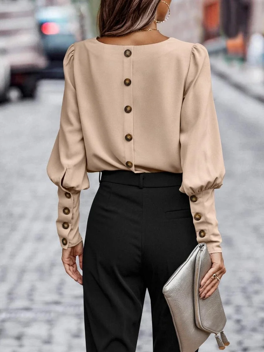 Crew Neck Long Sleeve Plain Buttoned Regular Loose Blouse For Women