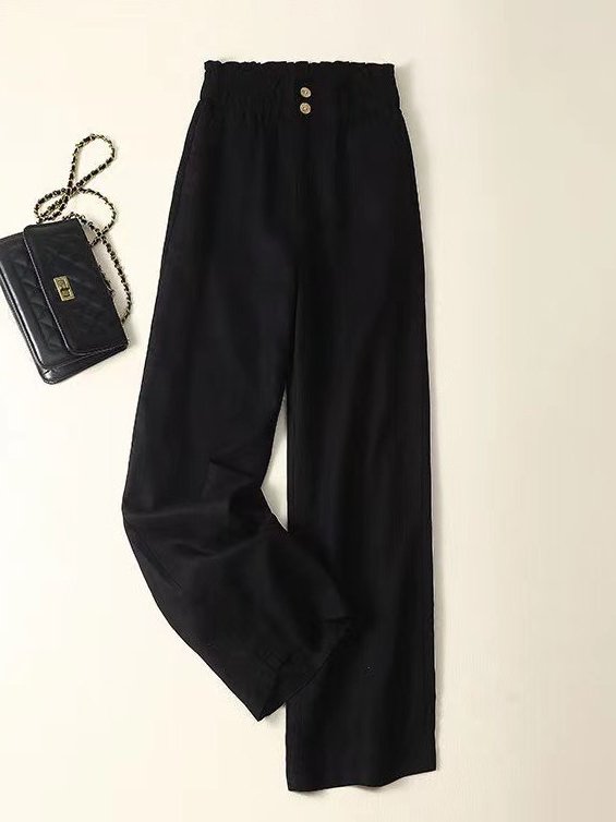 Casual Plain Long Elastic Waist Buckle Pants