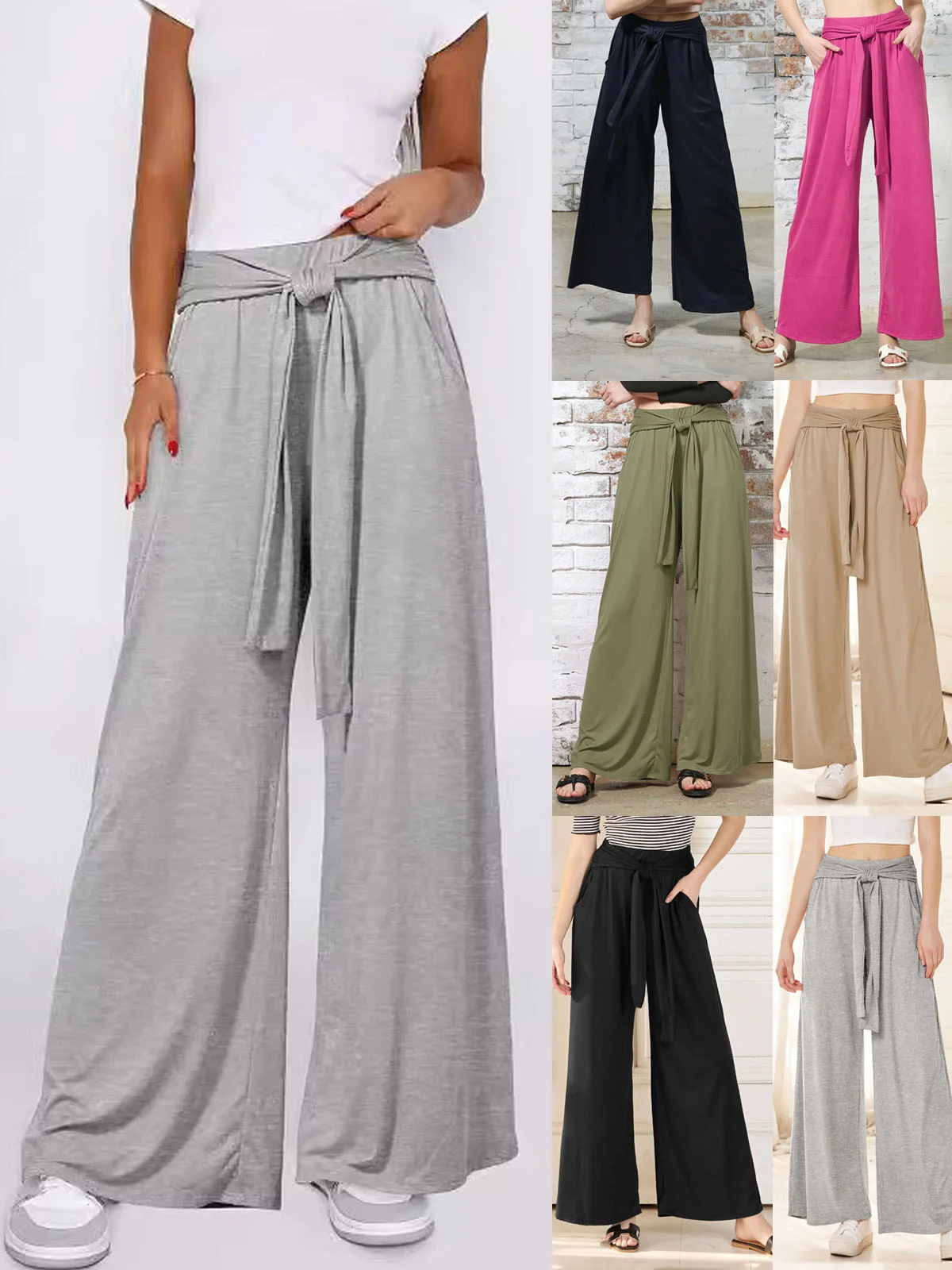 Casual Plain Long Elastic Waist Knot Front Pant