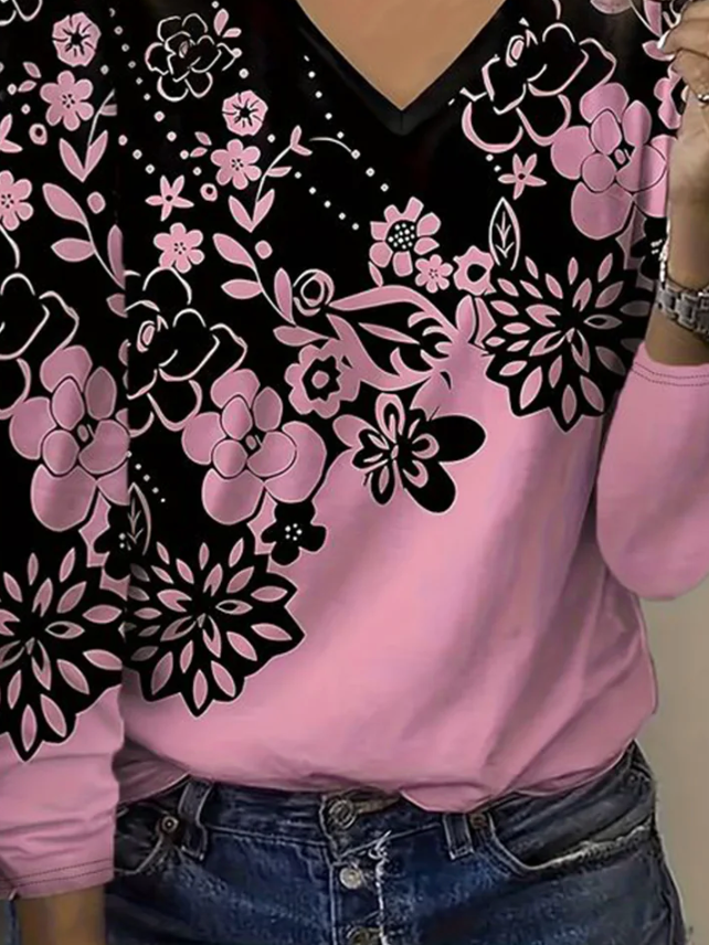 Casual Floral V Neck Long Sleeve T-shirt