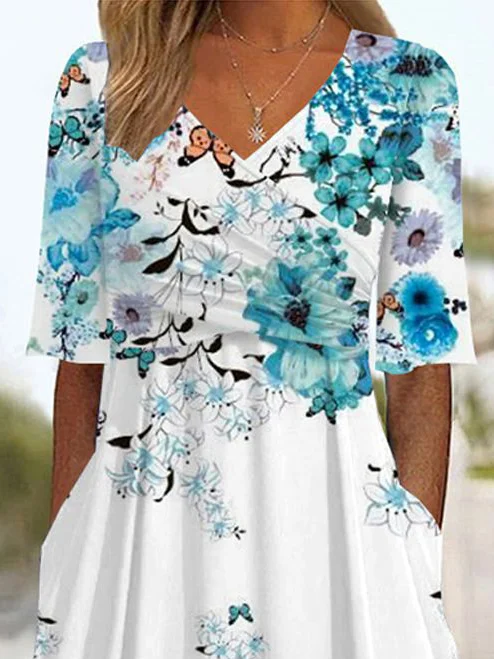 Women Floral V Neck Half Sleeve Comfy Casual Cross Midi Dress