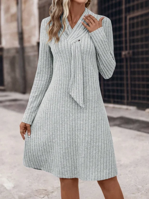 Women Plain V Neck Long Sleeve Comfy Casual Cross Midi Dress