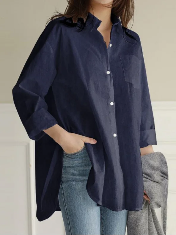 Shirt Collar Long Sleeve Plain Regular Loose Shirt For Women