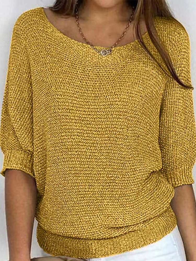 Women Yarn/Wool Yarn Plain Three Quarter Sleeve Comfy Casual Sweater