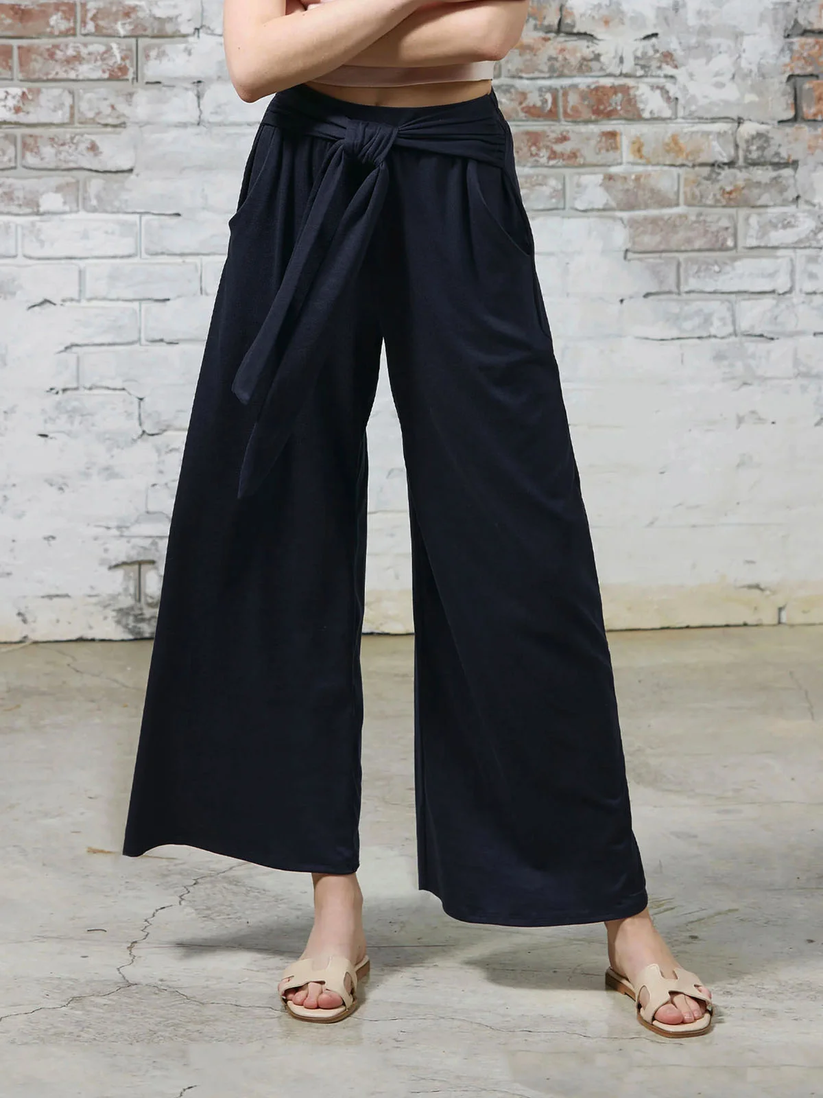 Casual Plain Long Elastic Waist Knot Front Pant