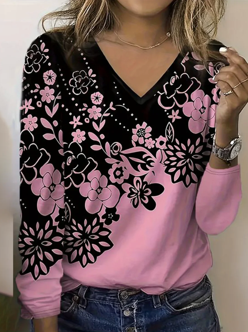 Casual Floral V Neck Long Sleeve T-shirt