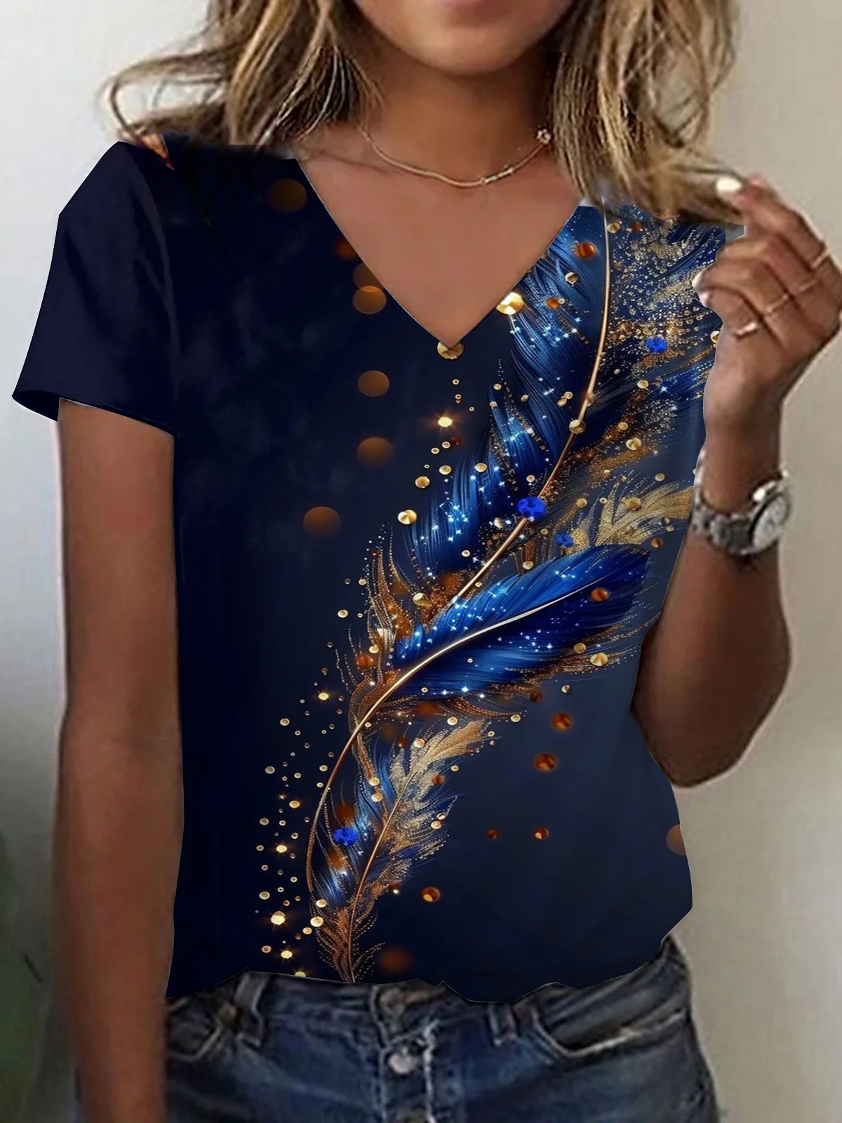 Casual Feather Pattern V Neck Short Sleeve T-shirt