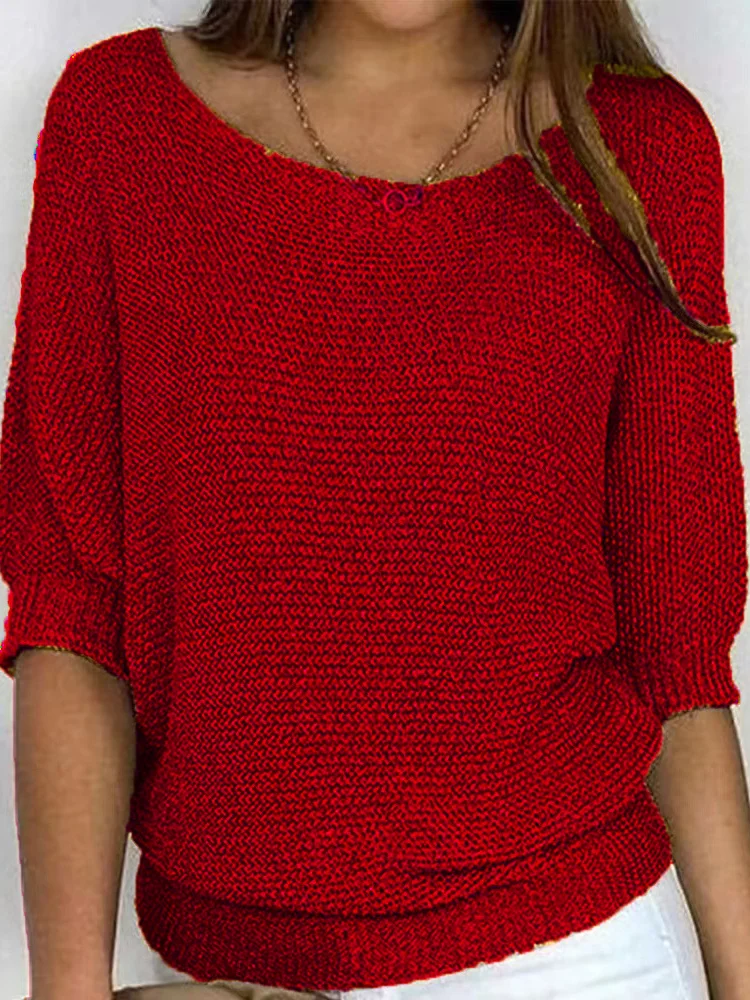 Women Yarn/Wool Yarn Plain Three Quarter Sleeve Comfy Casual Sweater