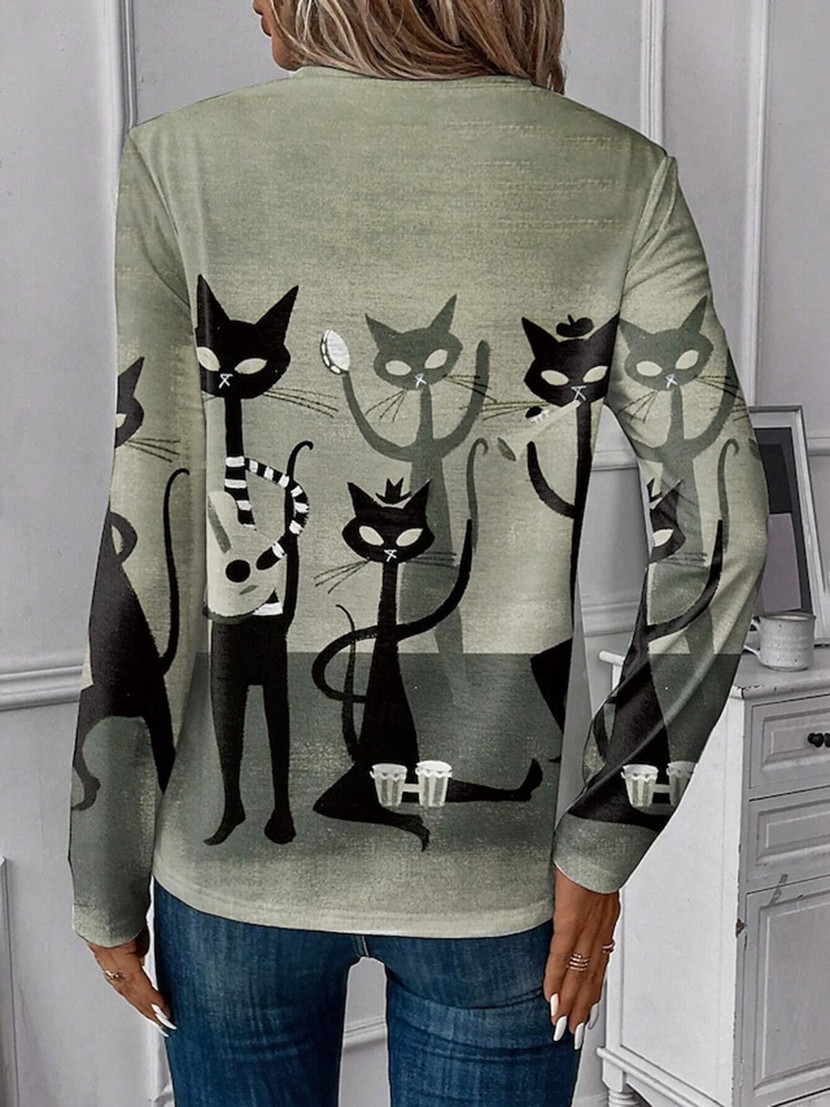 Casual Cat Crew Neck Long Sleeve T-shirt