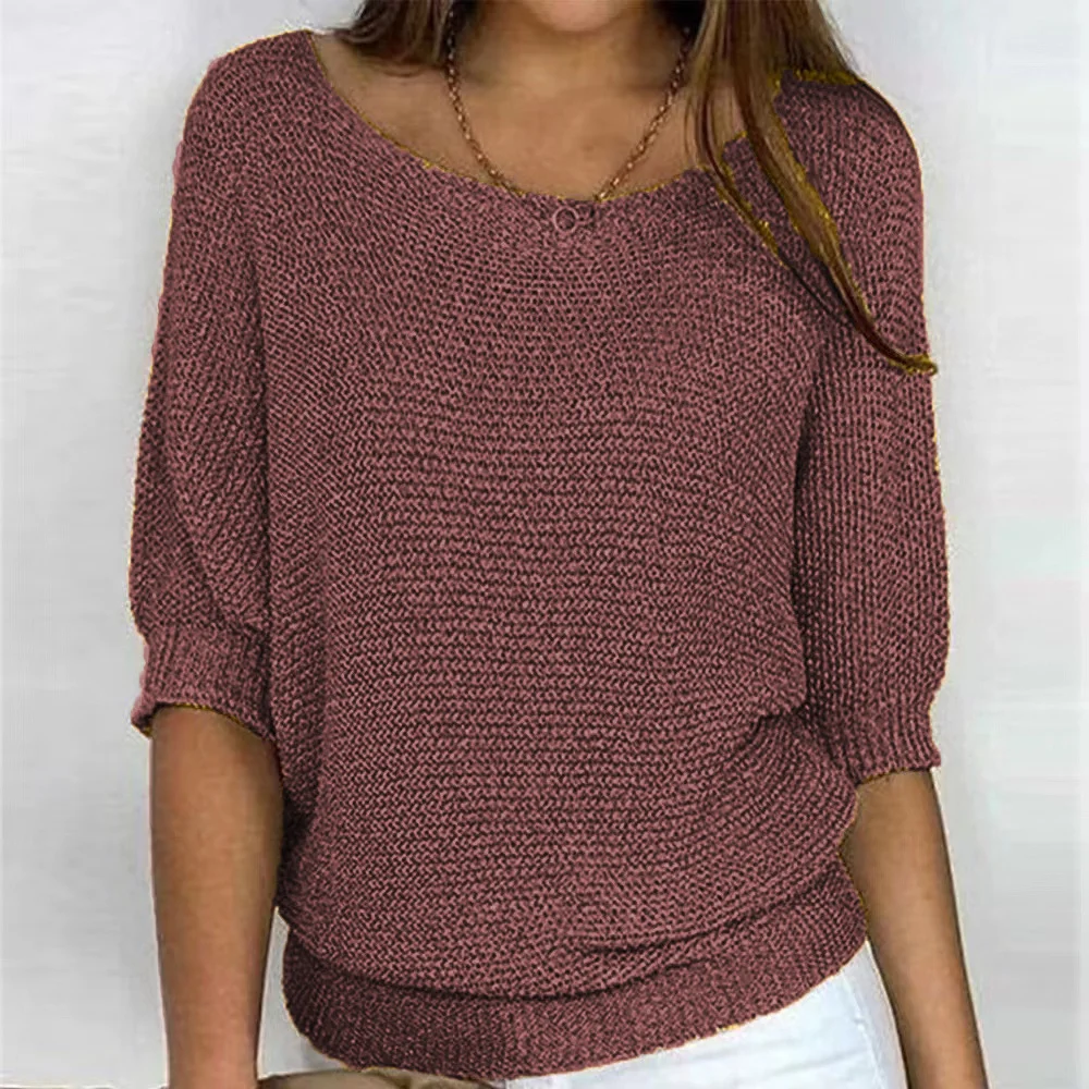 Women Yarn/Wool Yarn Plain Three Quarter Sleeve Comfy Casual Sweater