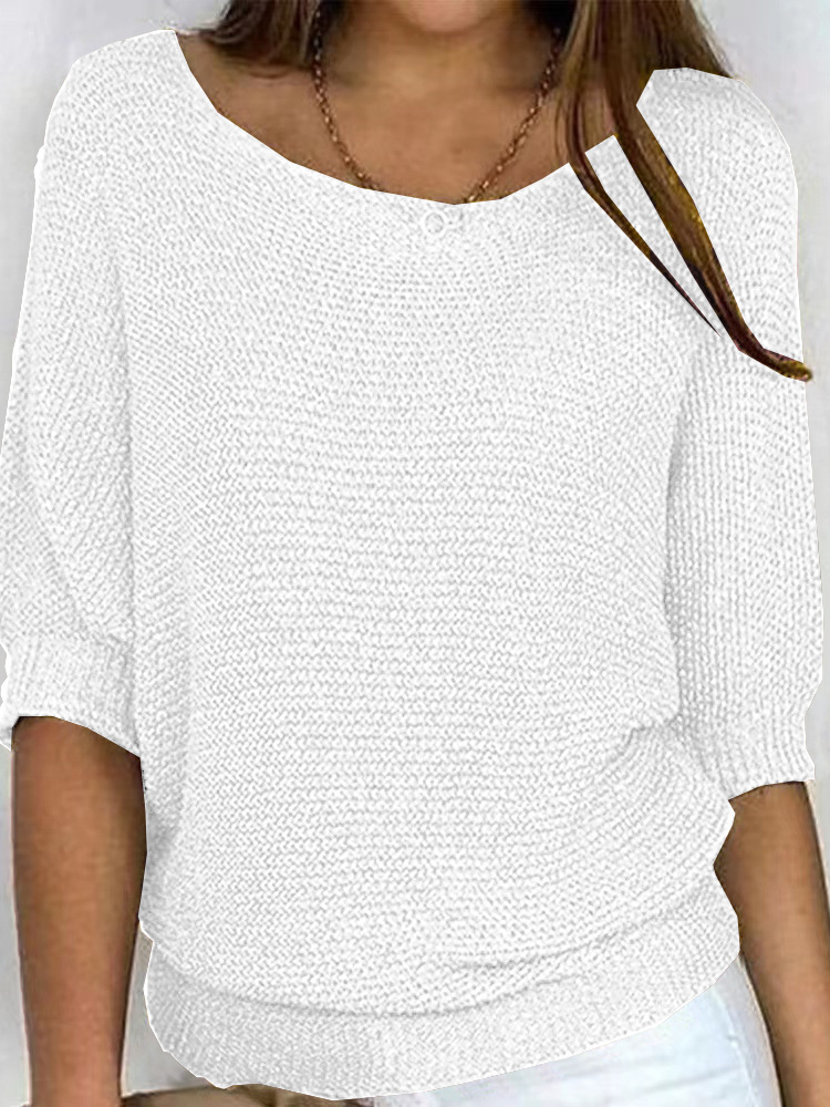 Women Yarn/Wool Yarn Plain Three Quarter Sleeve Comfy Casual Sweater