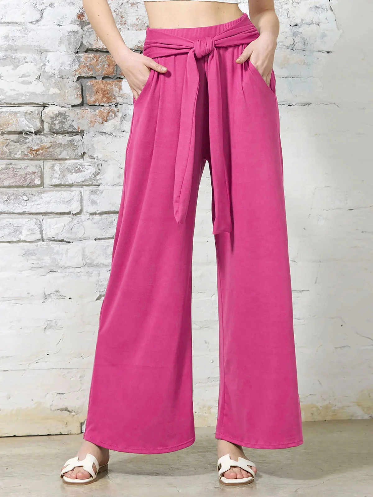 Casual Plain Long Elastic Waist Knot Front Pant