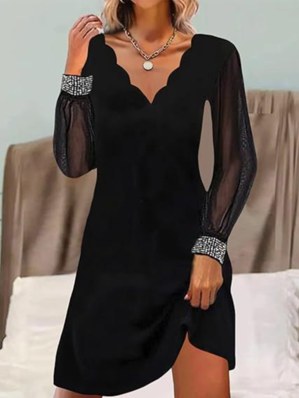 Women Plain V Neck Long Sleeve Comfy Casual Midi Dress