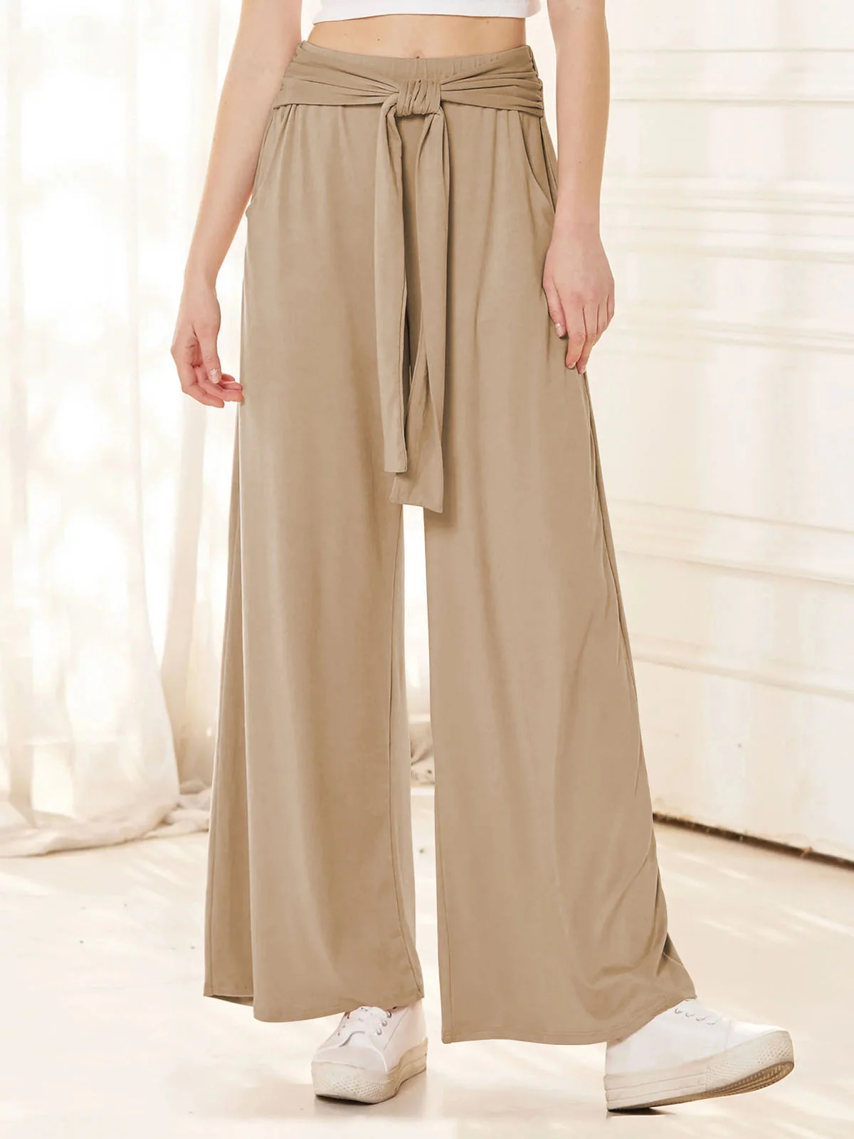 Casual Plain Long Elastic Waist Knot Front Pant