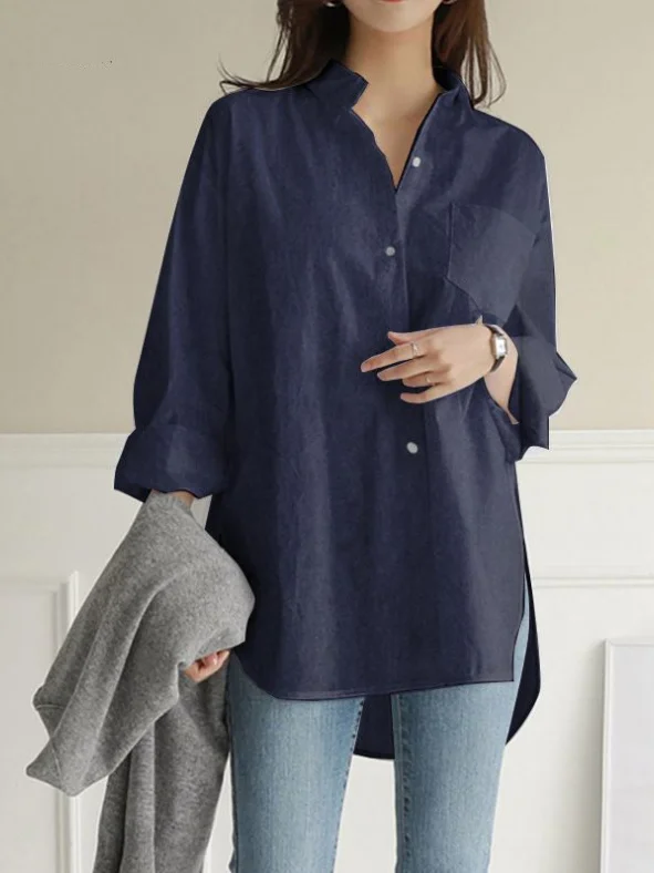 Shirt Collar Long Sleeve Plain Regular Loose Shirt For Women