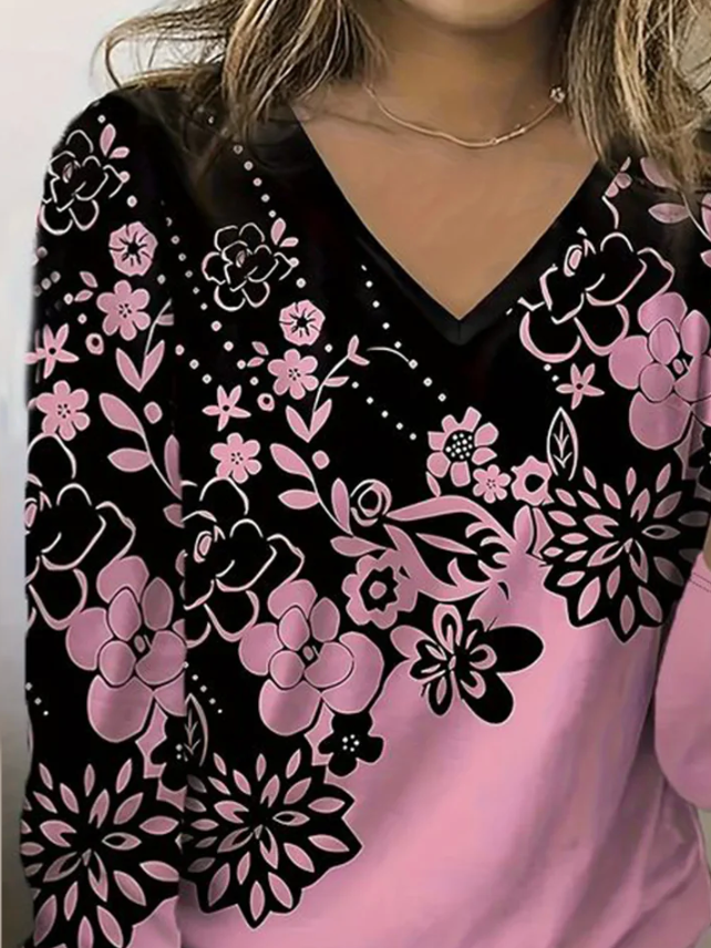 Casual Floral V Neck Long Sleeve T-shirt