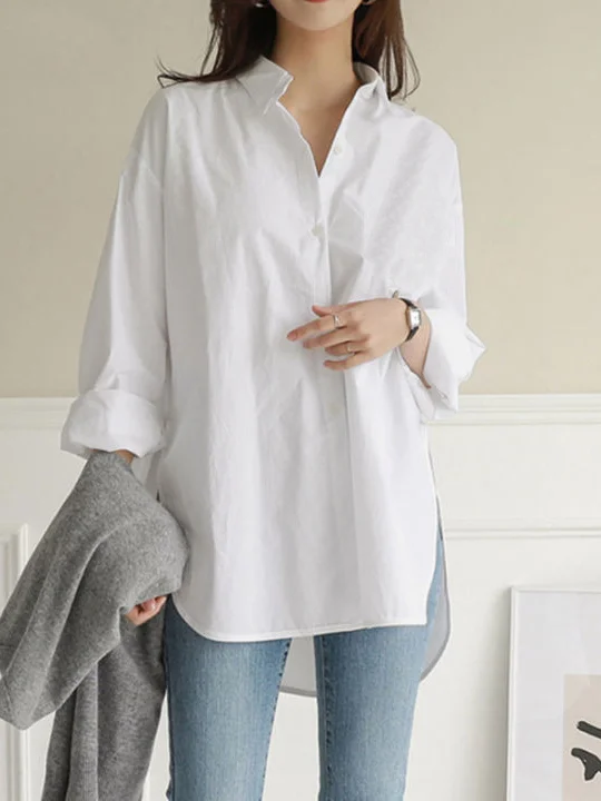 Shirt Collar Long Sleeve Plain Regular Loose Shirt For Women