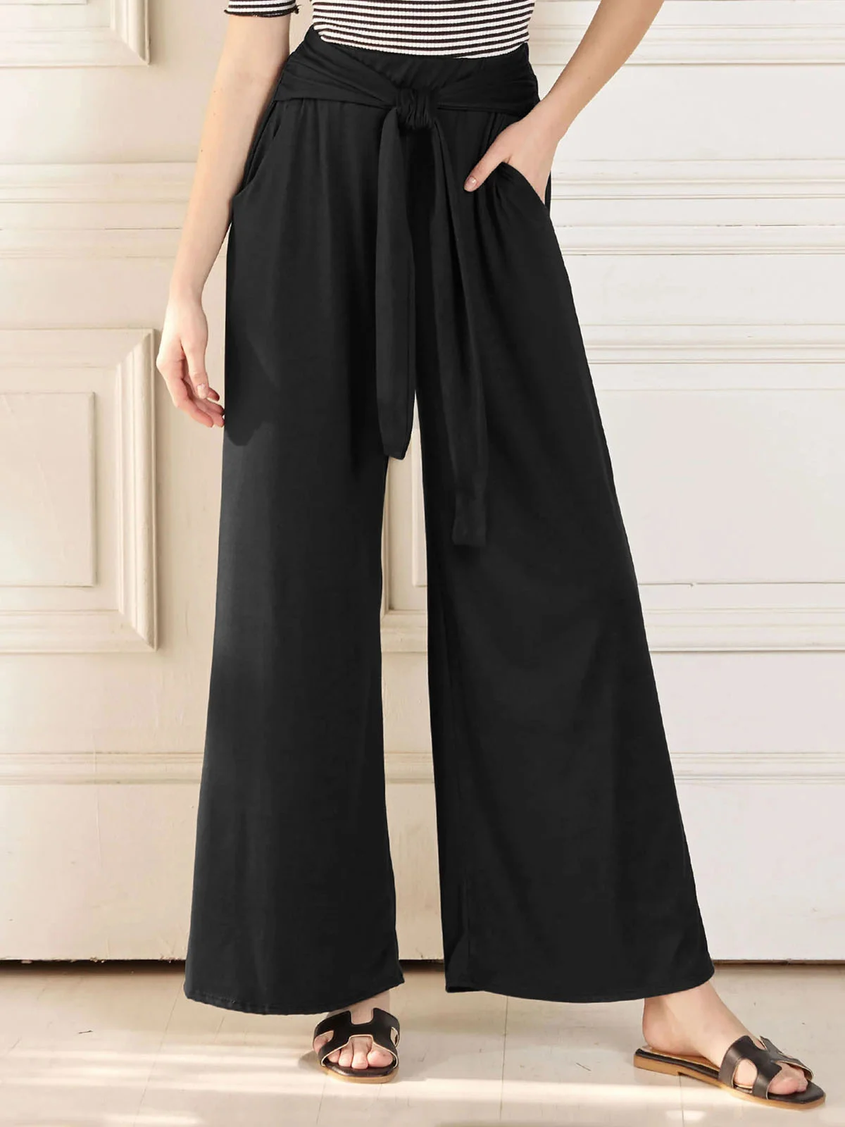 Casual Plain Long Elastic Waist Knot Front Pant