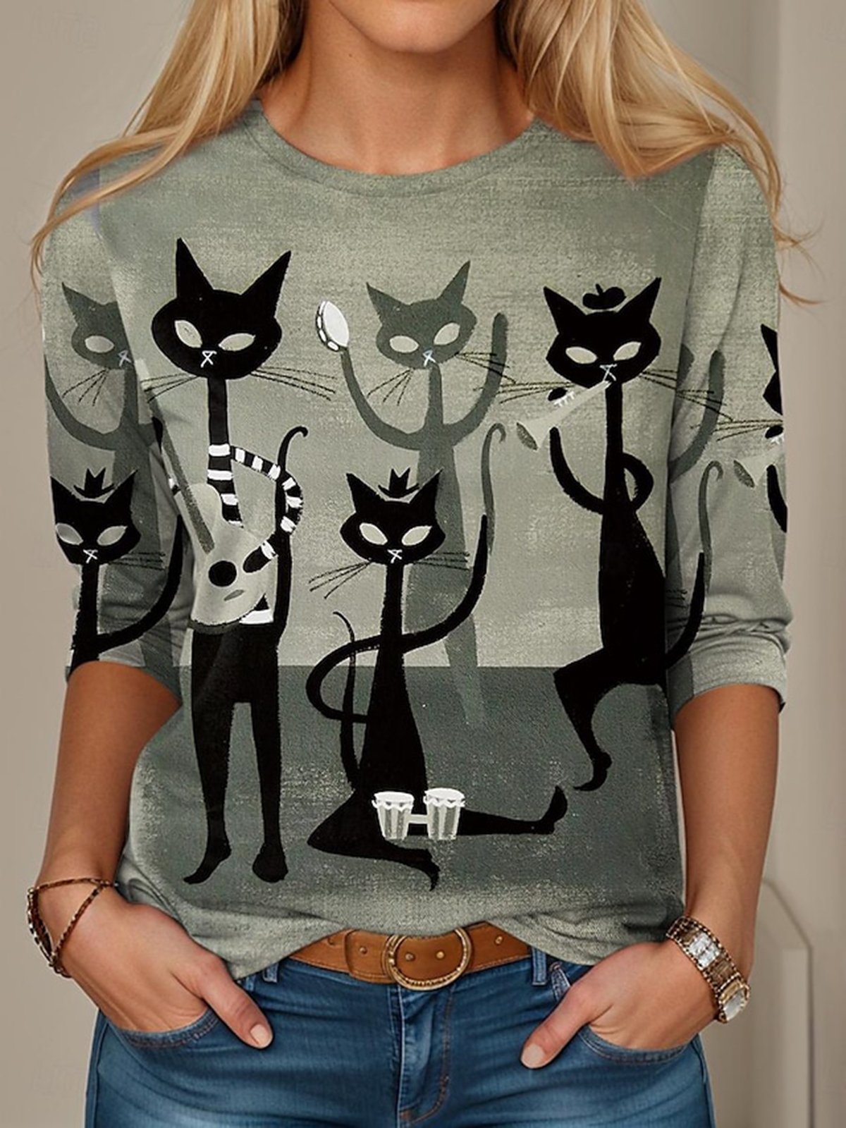 Casual Cat Crew Neck Long Sleeve T-shirt