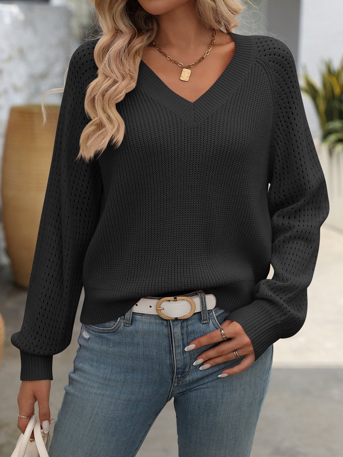 Women Yarn/Wool Yarn Plain Long Sleeve Comfy Casual Sweater