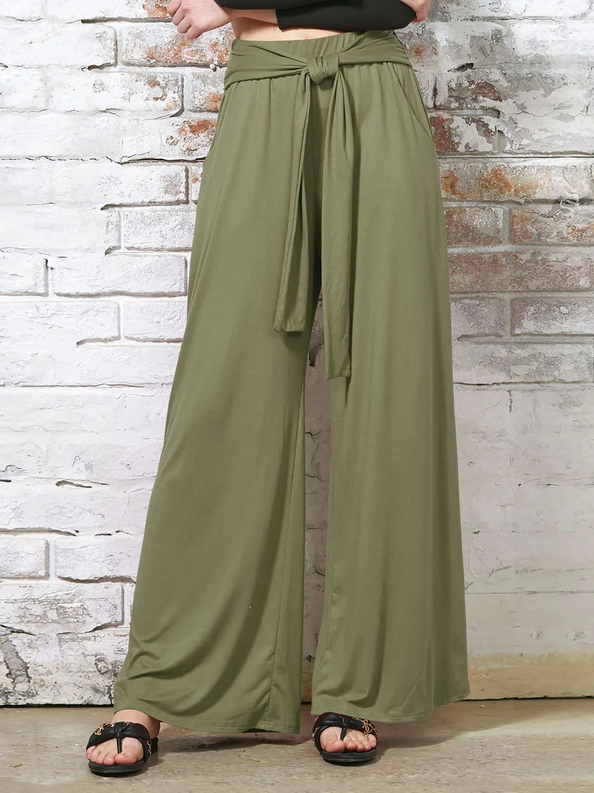 Casual Plain Long Elastic Waist Knot Front Pant