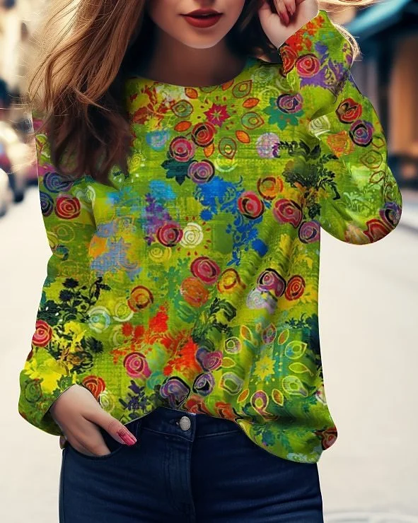 Casual Floral Crew Neck Long Sleeve T-shirt