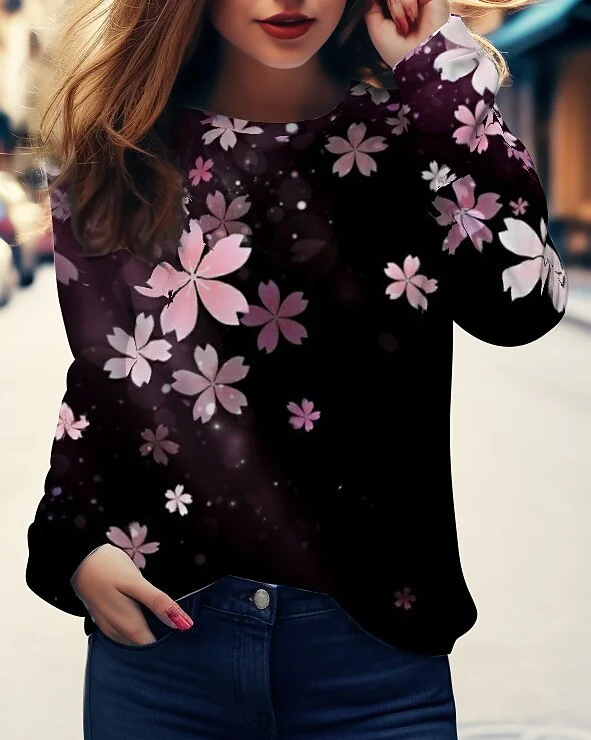 Casual Floral Crew Neck Long Sleeve T-shirt