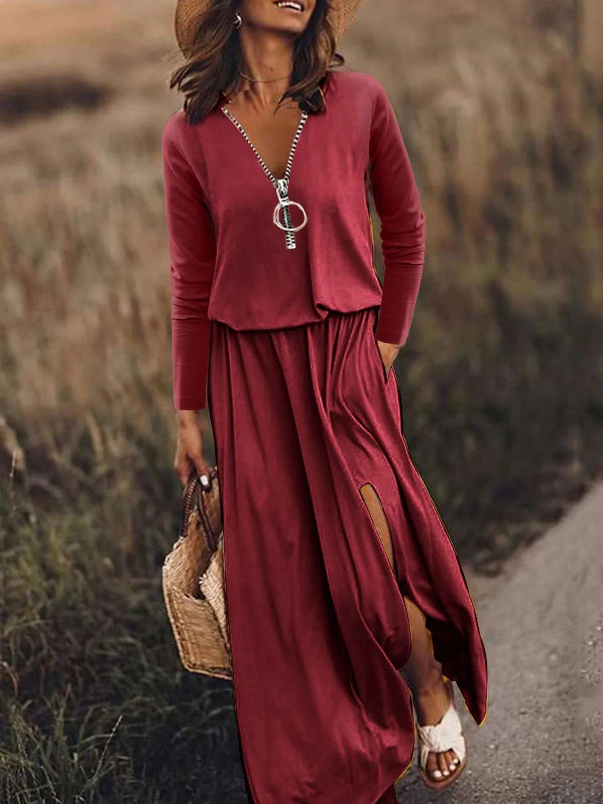 Women Text Letters V Neck Long Sleeve Comfy Casual Zipper Midi Dress