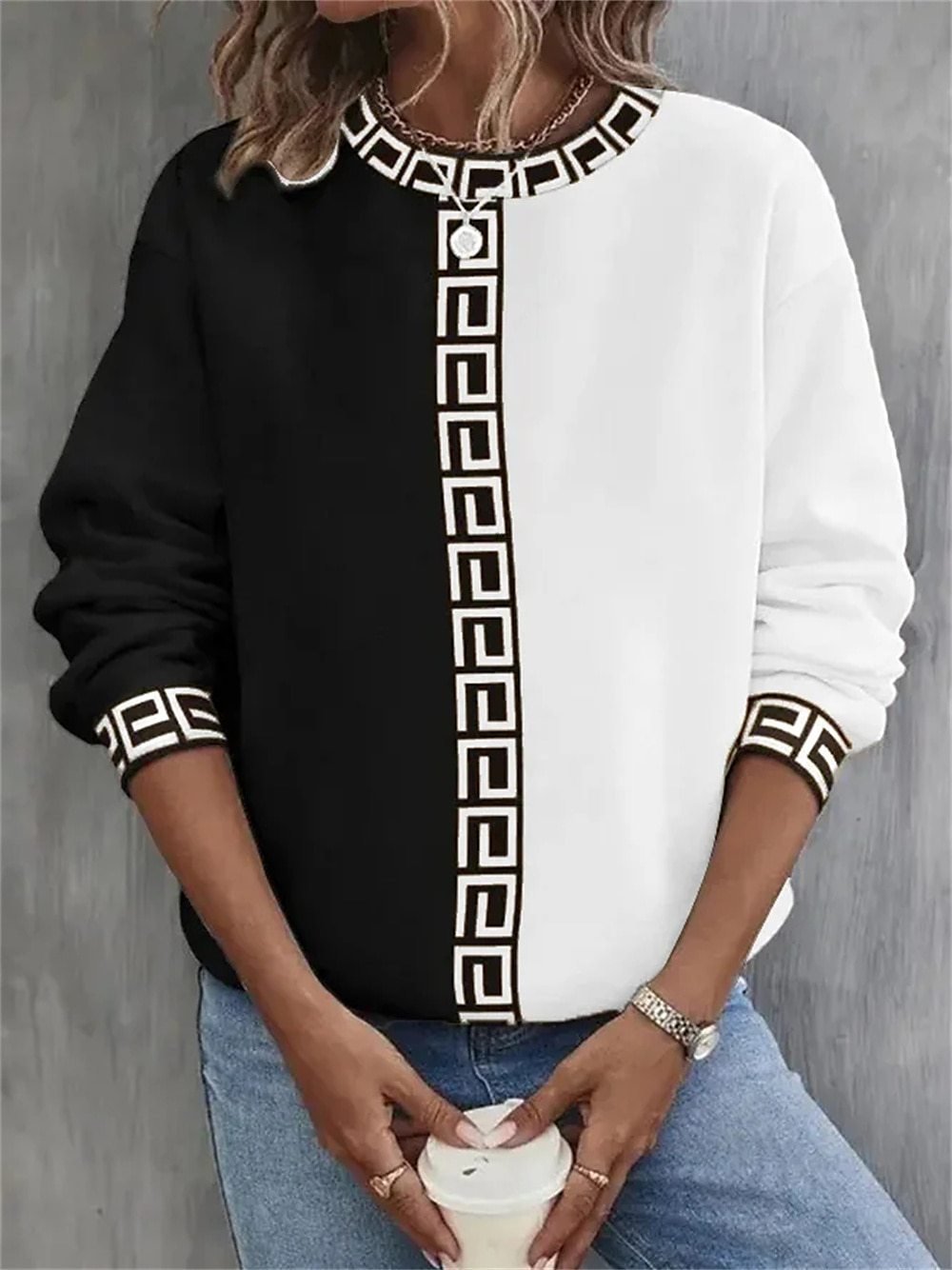 Casual Crew Neck Color Block Sweatshirt