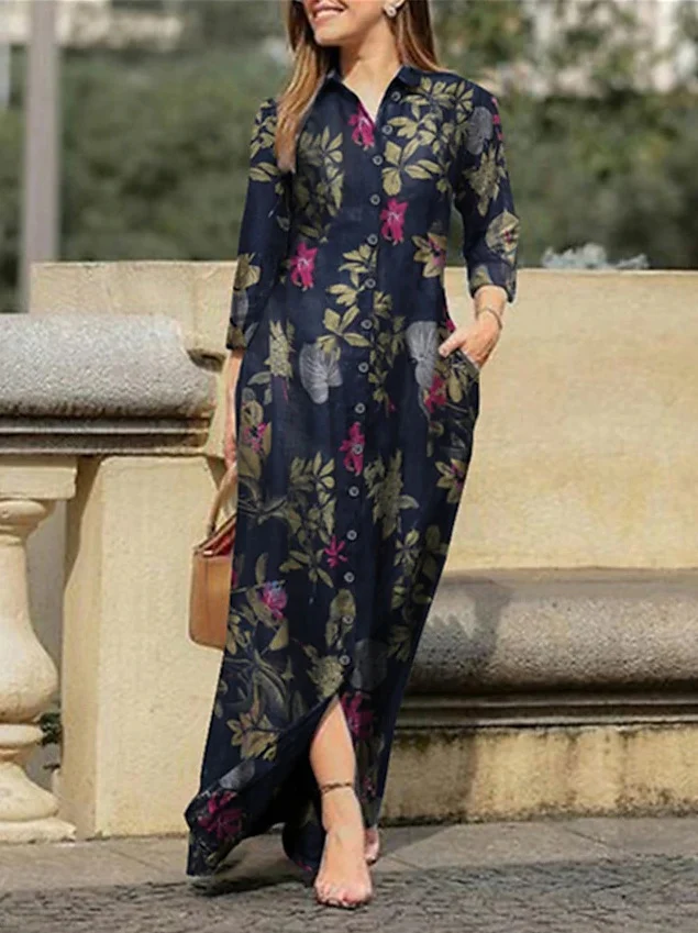 Women Geometric Stand Collar Long Sleeve Comfy Casual Maxi Dress