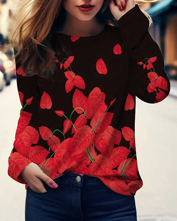 Casual Floral Crew Neck Long Sleeve T-shirt