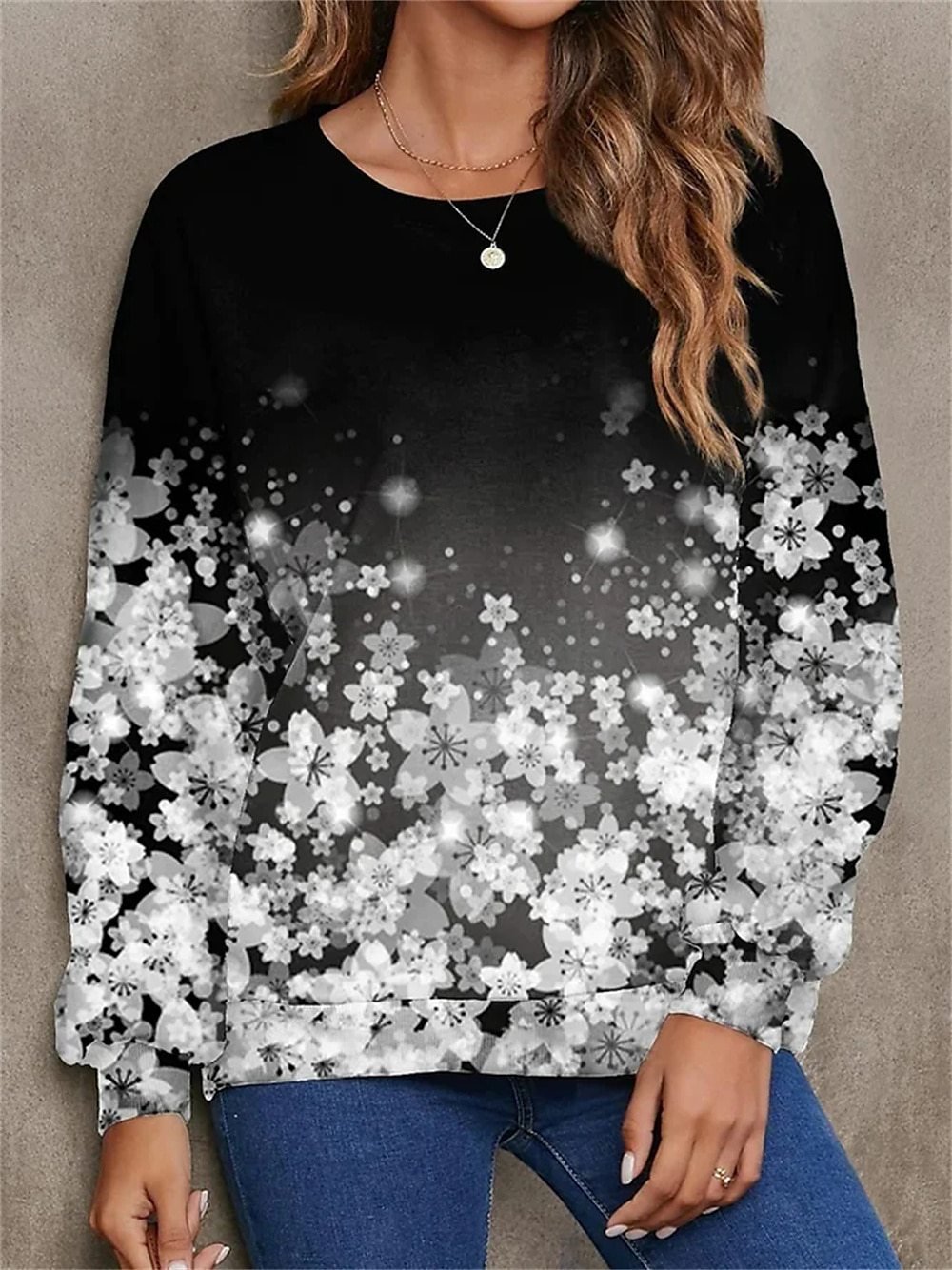 Casual Crew Neck Floral Sweatshirt