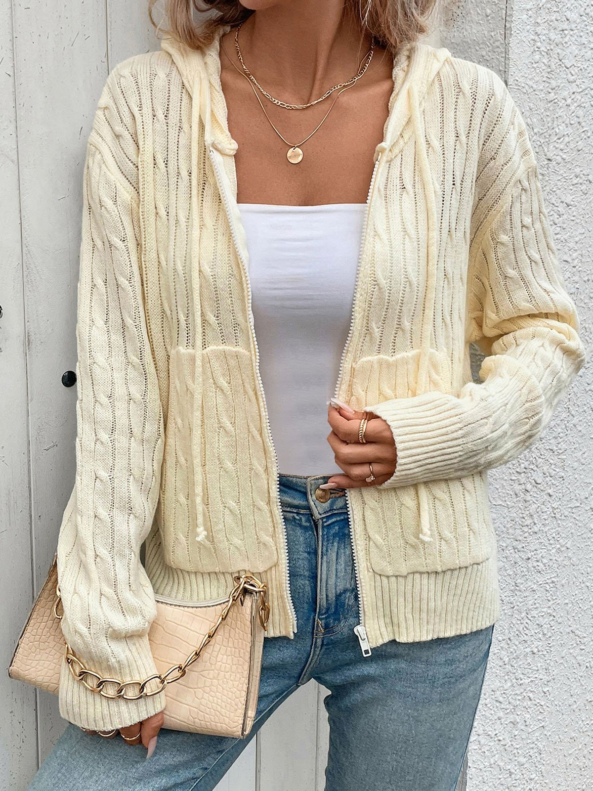 Women Yarn/Wool Yarn Plain Long Sleeve Comfy Casual Zipper Cardigan