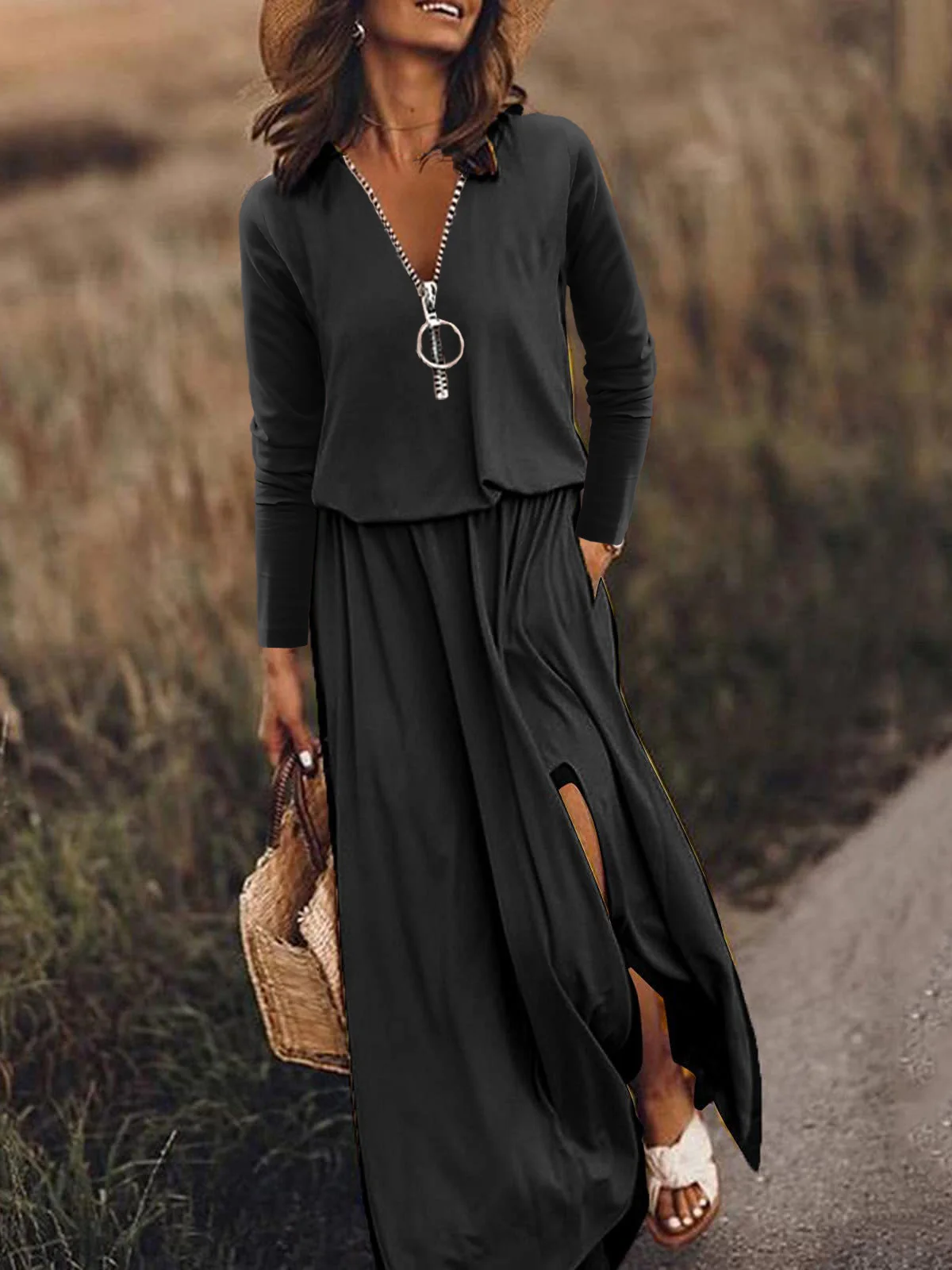 Women Text Letters V Neck Long Sleeve Comfy Casual Zipper Midi Dress