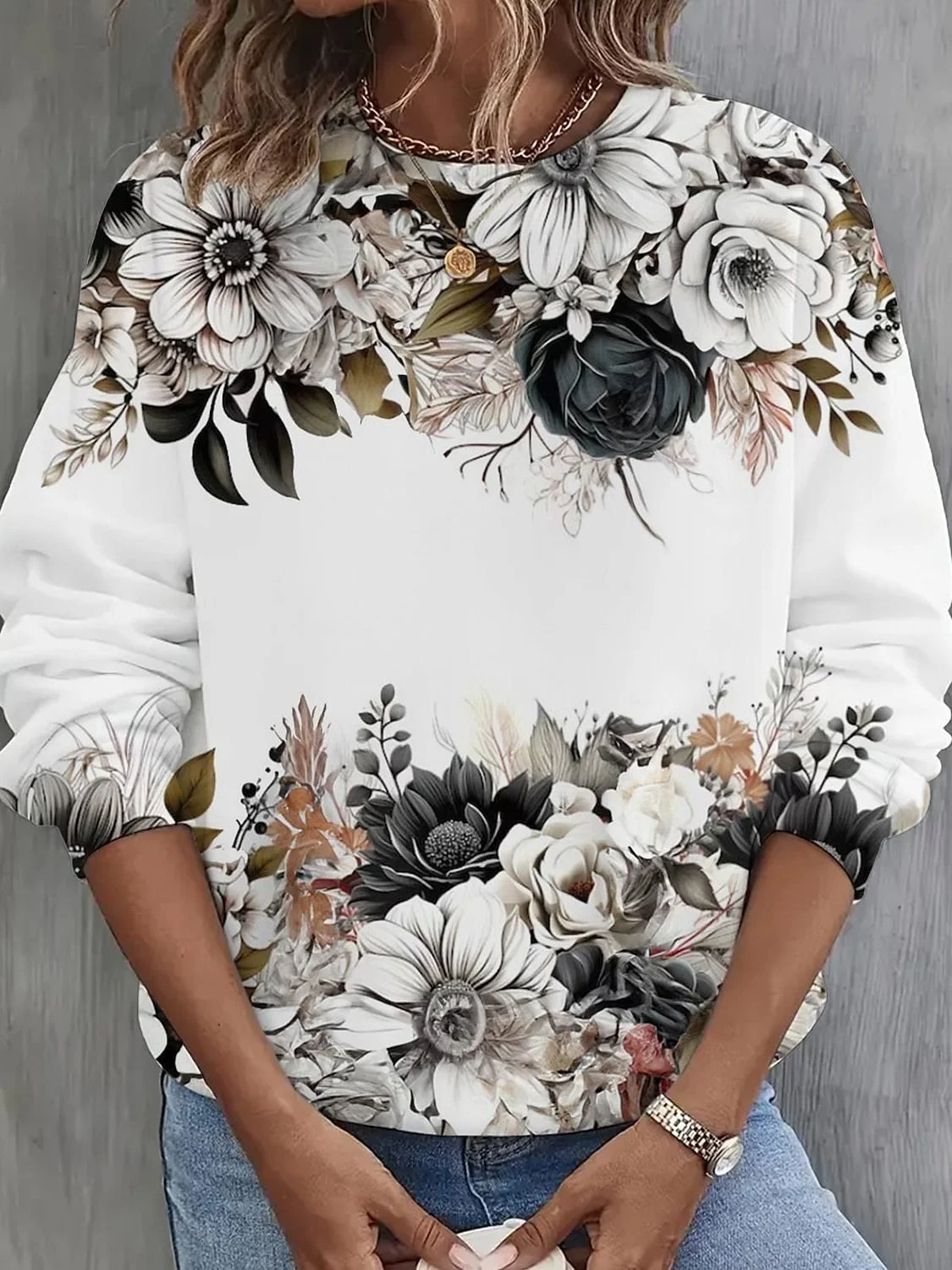 Casual Crew Neck Floral Sweatshirt