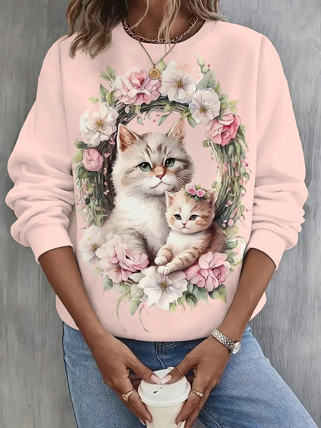 Casual Crew Neck Floral Sweatshirt