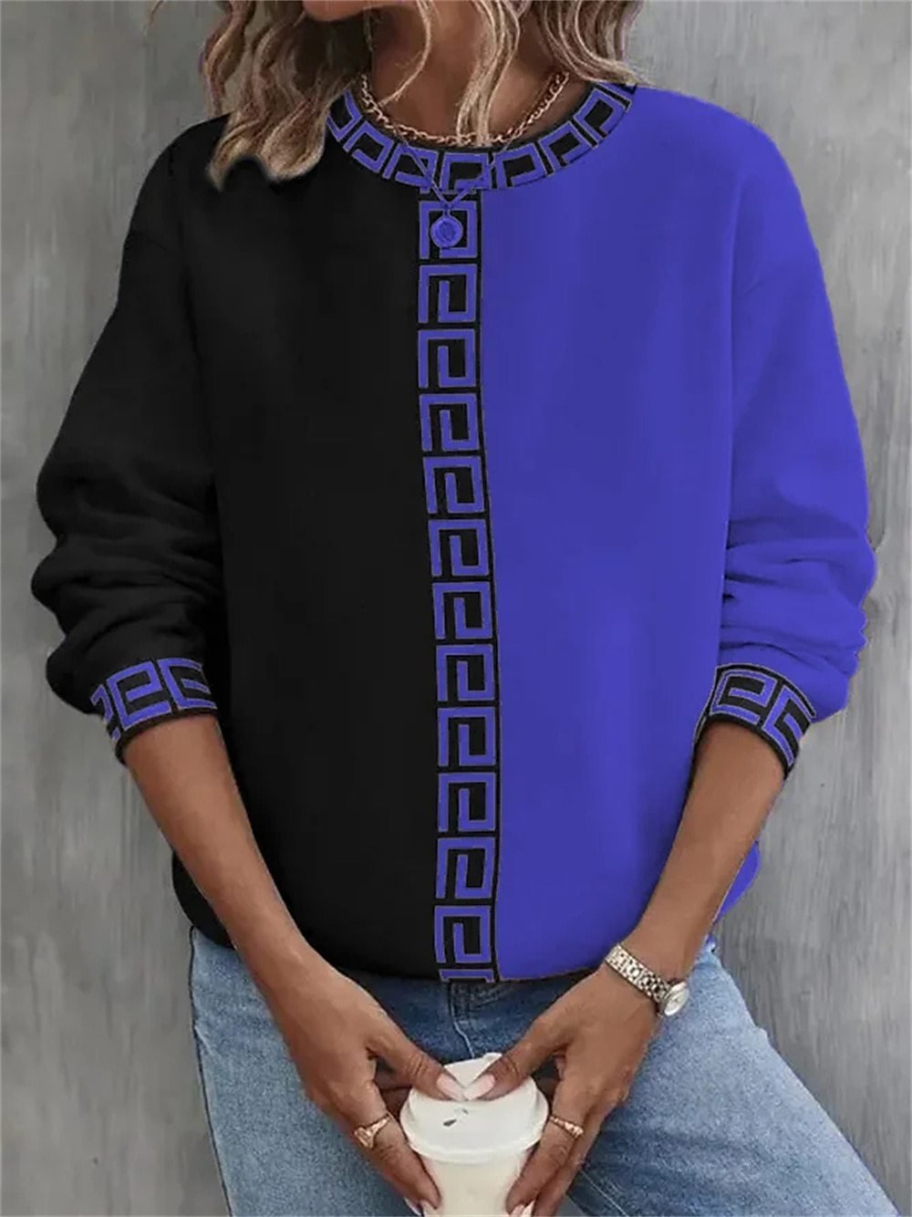 Casual Crew Neck Color Block Sweatshirt