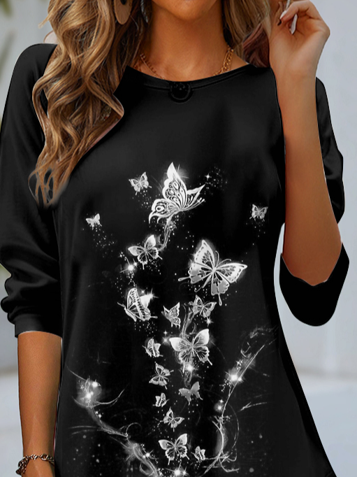 Casual Butterfly Crew Neck Long Sleeve T-shirt