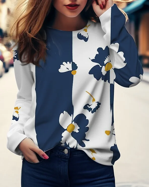 Casual Floral Crew Neck Long Sleeve T-shirt