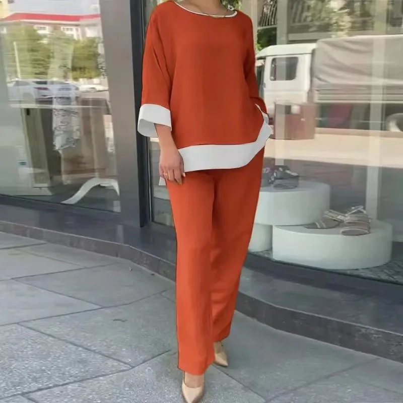 Women Color Block Crew Neck Three Quarter Sleeve Comfy Casual Top With Pants Two-Piece Set