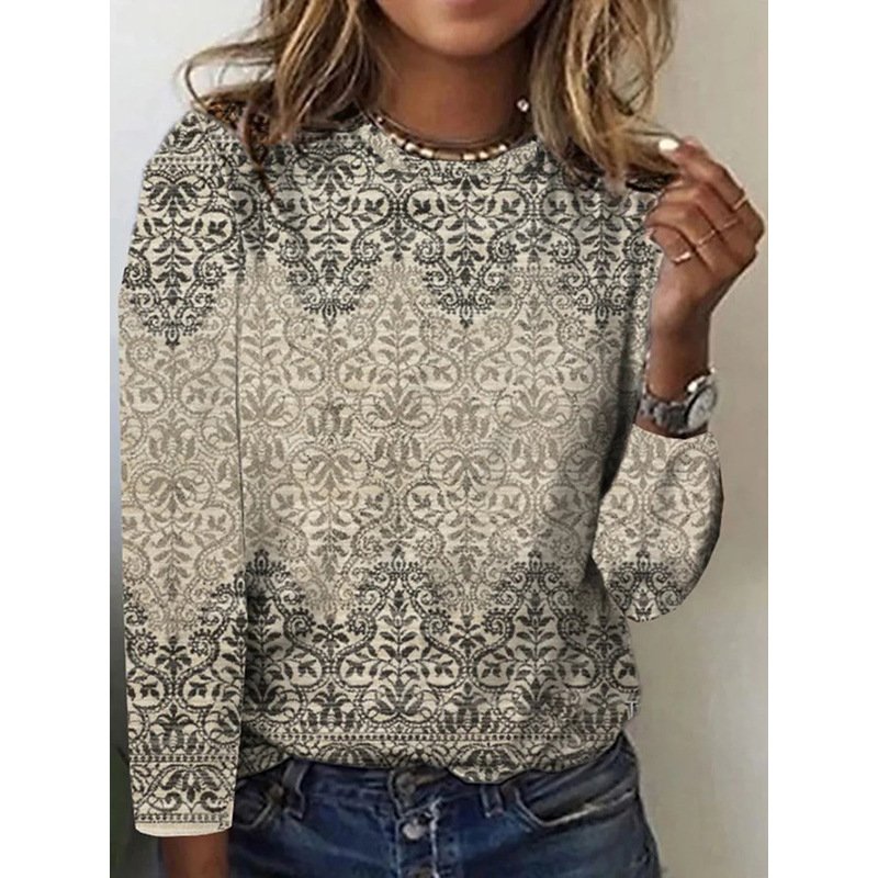 Casual Ethnic Crew Neck Long Sleeve T-shirt