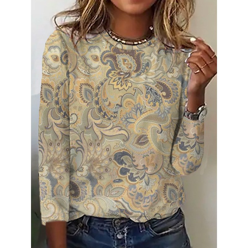 Casual Ethnic Crew Neck Long Sleeve T-shirt