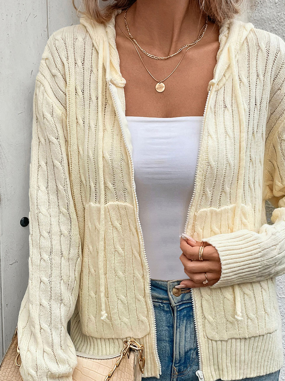 Women Yarn/Wool Yarn Plain Long Sleeve Comfy Casual Zipper Cardigan