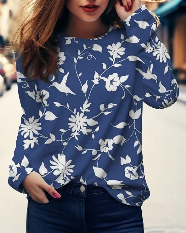 Casual Floral Crew Neck Long Sleeve T-shirt